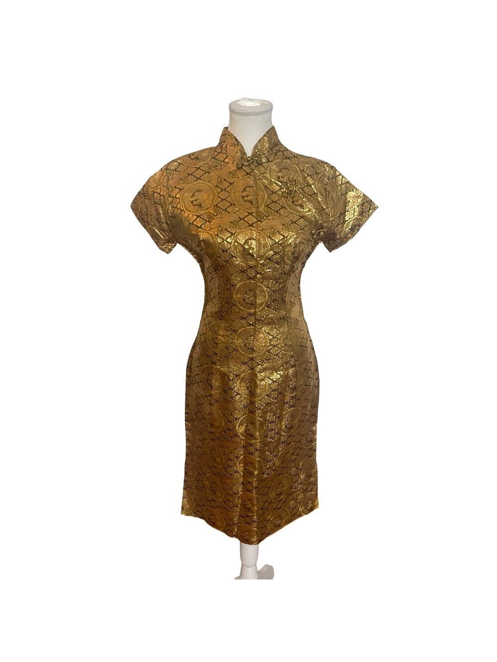 Vintage Post WWII  Made in Japan Gold Dragon Brocade Dress
